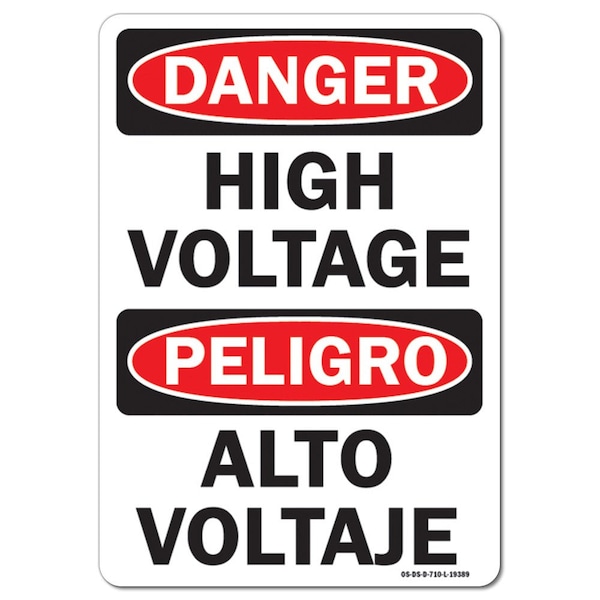 Safety Sign, OSHA Danger, 3.5" Height, 5" Width, High Voltage (Bilingual), Landscape, 10PK